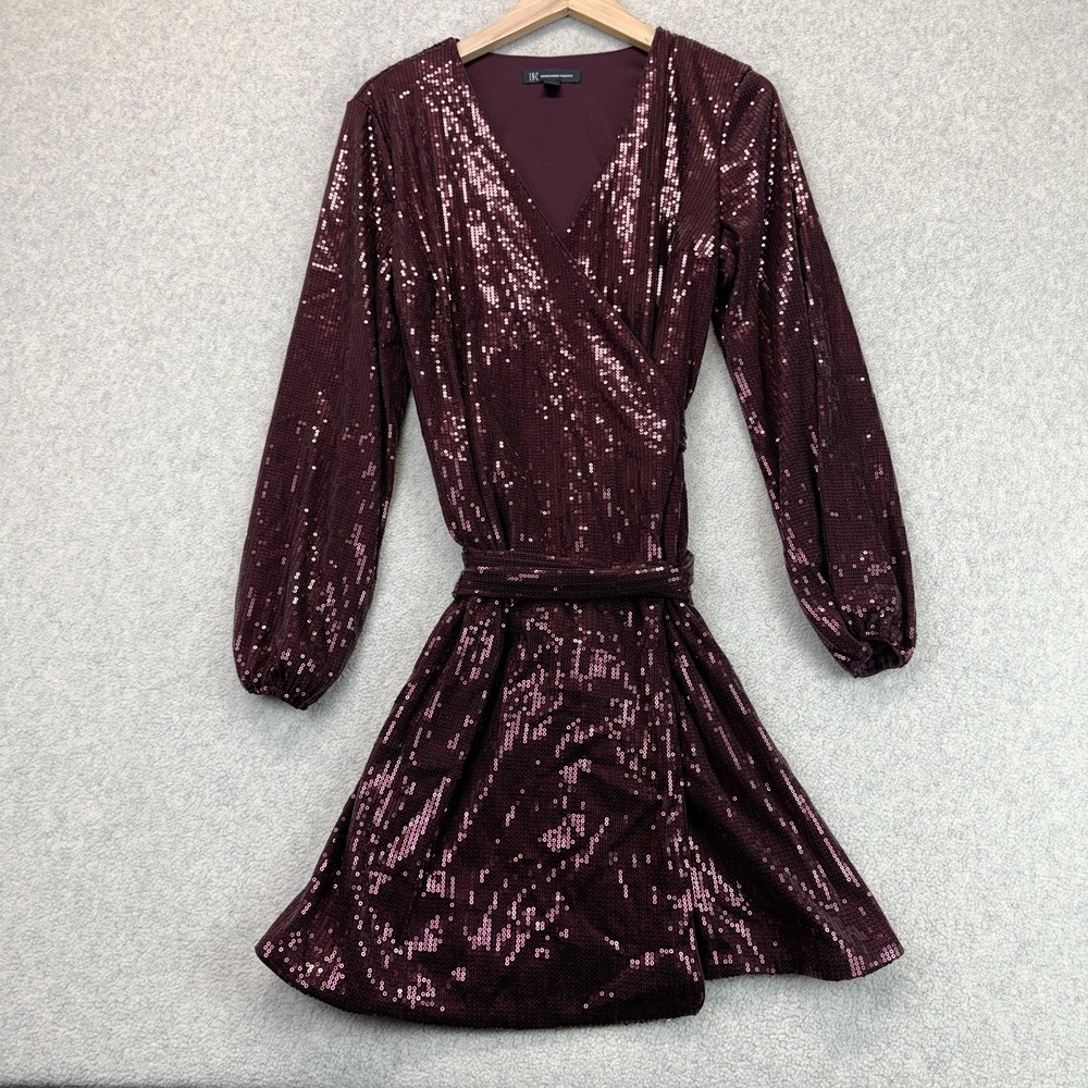 INC International Concepts Women's XS Burgundy Sequin Wrap Mini Dress